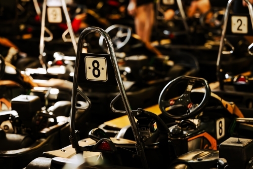 Go Karts lined up at indoor race track - Australian Stock Image