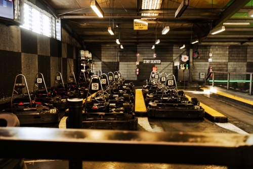 Go Karts lined up at indoor race track - Australian Stock Image
