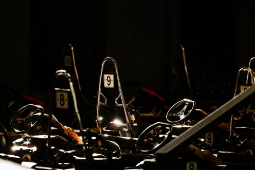 Go Karts lined up at indoor race track - Australian Stock Image