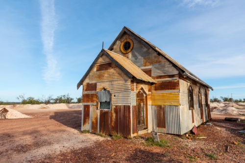 "Goddess of 1967" rustic church building, the movie set for film in Lightning Ridge - Australian Stock Image