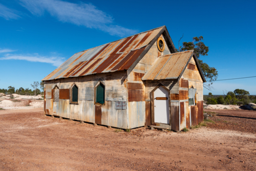 "Goddess of 1967" rustic church building, the movie set for film in Lightning Ridge - Australian Stock Image