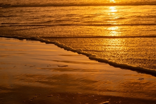 Golden beach scene with edge of the water and reflections - Australian Stock Image