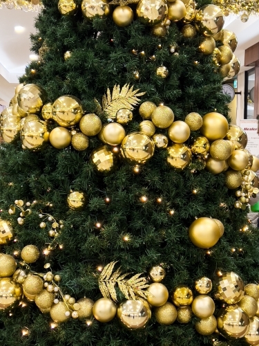 Golden decorations on a christmas tree