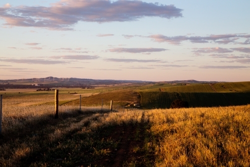 golden light on farmland and hills - Australian Stock Image