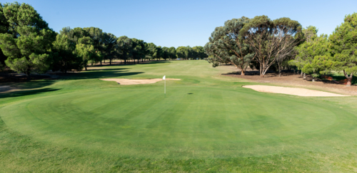 Golf course green and bunkers on a sunny day, surrounded by trees and blue sky - Australian Stock Image