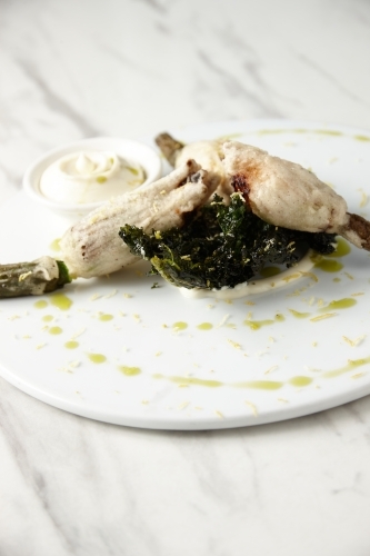 Gourmet zucchini flowers on plate - Australian Stock Image