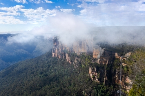 Govetts Leap lookout landscape cliff view in Blackheath towards Bridal Veil Falls - Australian Stock Image