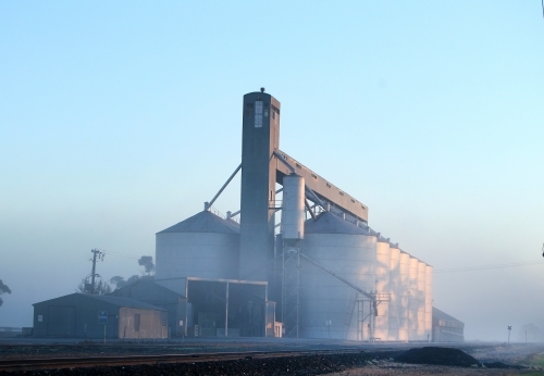 Grain silos at first light in winter