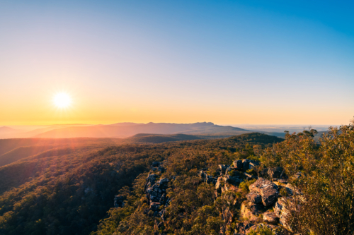 Grampians (Gariwerd) National Park viewed from the Reed Lookout during sunset, Victoria, Australia - Australian Stock Image