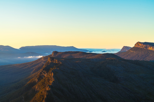 Grampians mountains peaks during sunrise viewed from Boroka Lookout, Grampians, Victoria - Australian Stock Image