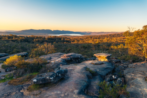 Grampians mountains vista landscape viewed towards Wartook Reservoir from the Reeds Lookout - Australian Stock Image
