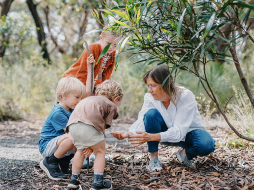 Grandmother enjoying Australian Bushland with her Grandchildren picking up a cicada bug - Australian Stock Image