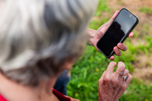 Grandparent learning smartphone use in garden setting - Australian Stock Image