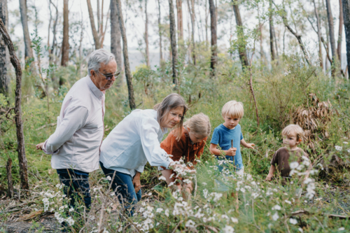 Grandparents enjoying Australian Bushland with their Grandchildren - Australian Stock Image