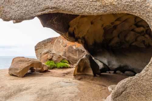 Granite Cave and Boulders at Remarkable Rocks, Kangaroo Island - Australian Stock Image