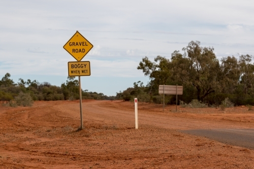 Gravel Road sign on red dirt road - Australian Stock Image