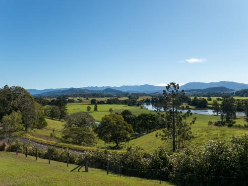 Green and lush Tweed Valley landscape under blue sky - Australian Stock Image