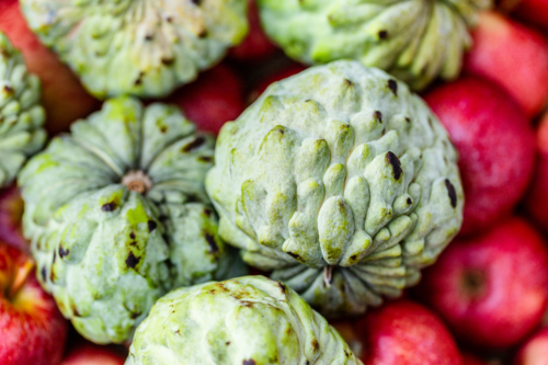 Green custard apple fruit in box full of red apples - Australian Stock Image