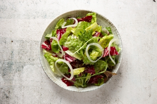 green salad in a bowl on top of a rustic grey tabletop with onion rings - Australian Stock Image
