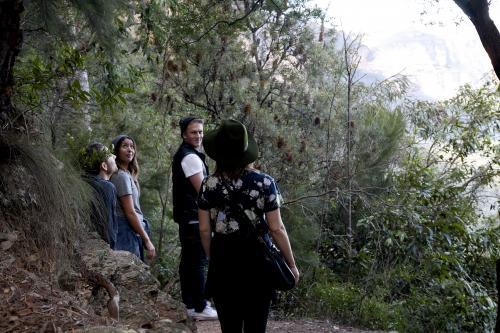 Group of friends on bush walk looking at scenery - Australian Stock Image