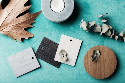 Group of muted wood and laminte swatches flat lay - Australian Stock Image