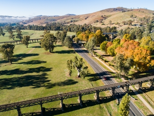 Gundagai Historic Bridges in autumn, aerial - Australian Stock Image