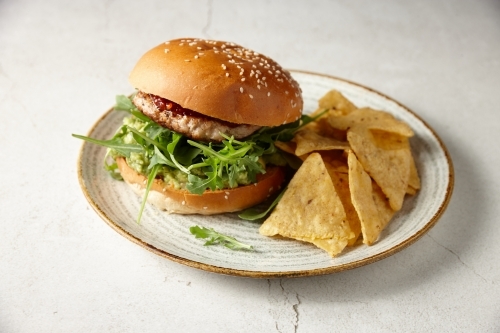 Hamburger and corn chips on plate - Australian Stock Image
