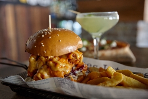 Hamburger lunch meal on table - Australian Stock Image