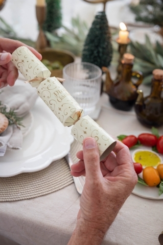 Hands holding Christmas bon-bon at table - Australian Stock Image