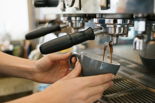 Hands of barista holding mug under coffee machine - Australian Stock Image