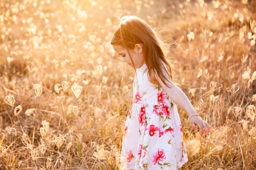 Happy little girl laughing and spinning in sunlit grass - Australian Stock Image