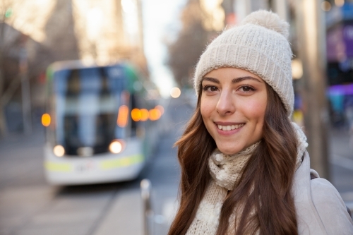 Happy Melbourne Tram Traveler - Australian Stock Image