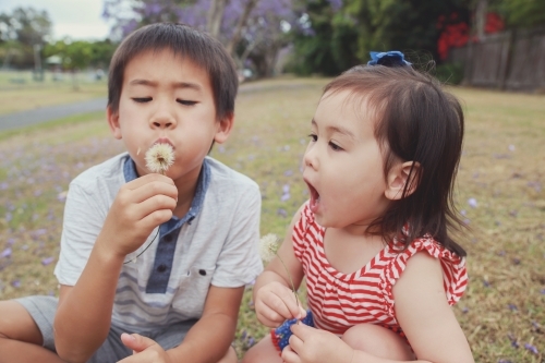 Happy multi ethnic brother and sister spending time in the park - Australian Stock Image