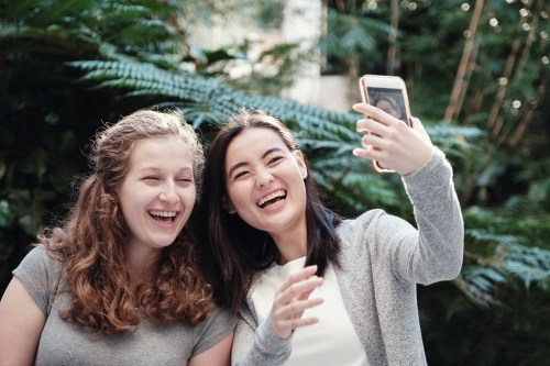 Happy students girl friends using mobile - Australian Stock Image
