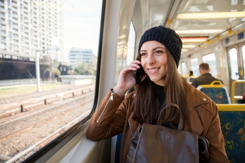 Happy Train Traveler - Australian Stock Image