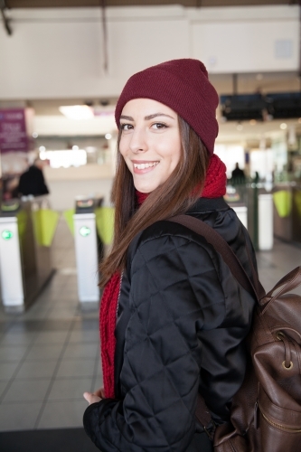 Happy Traveler Going to Catch the Train - Australian Stock Image