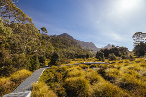 Helicopter pad and campsites at Scott Kilvert Memorial Hut on the Overland Track - Australian Stock Image