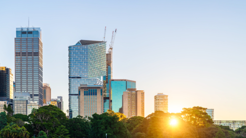 High-ris modern buildings during sunset viewed as part of Sydney City skyline - Australian Stock Image