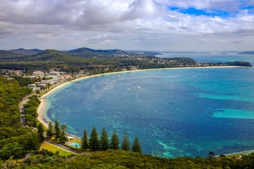 High view over ocean bay and coastline