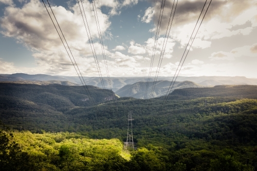 High voltage power lines pass through natural bushland in Blue Mountains - Australian Stock Image