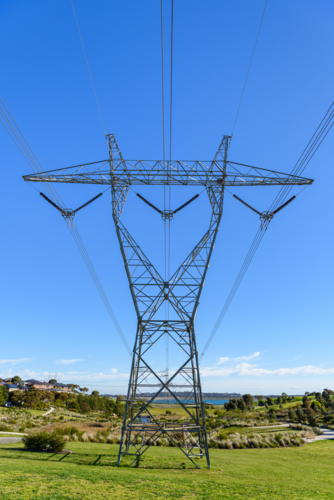 High-voltage Power Lines: Urban Development and Infrastructure - Australian Stock Image