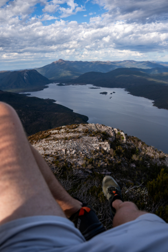 Hiker view on a mountain top in Tasmania - Australian Stock Image
