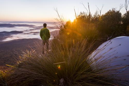 Hiker watching sunrise over misty valleys from Mount Barney