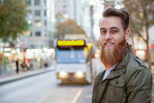 Hipster Man Waiting for Tram