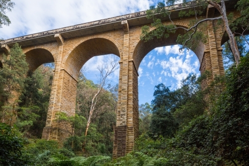 Historic sandstone arch bridge from below, with green bush, blue sky and clouds