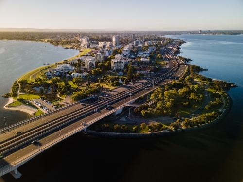 Cars crossing Narrows Bridge across the Swan River on a sunny day - Australian Stock Image