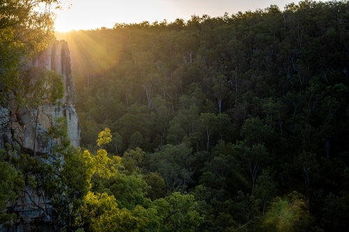 Horizontal shot of a morning sunrise on a mountain peak - Australian Stock Image