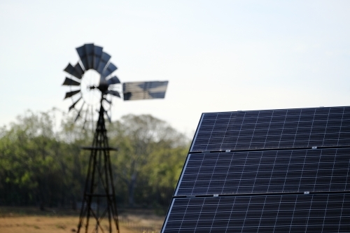 horizontal shot of a solar panel with bushes in the background on a sunny day - Australian Stock Image