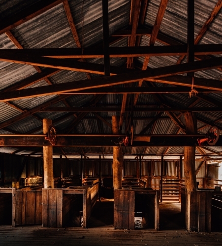 Horizontal shot of a wooden shearing shed