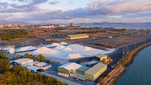 Horizontal shot of alumina piles in Gladstone - Australian Stock Image